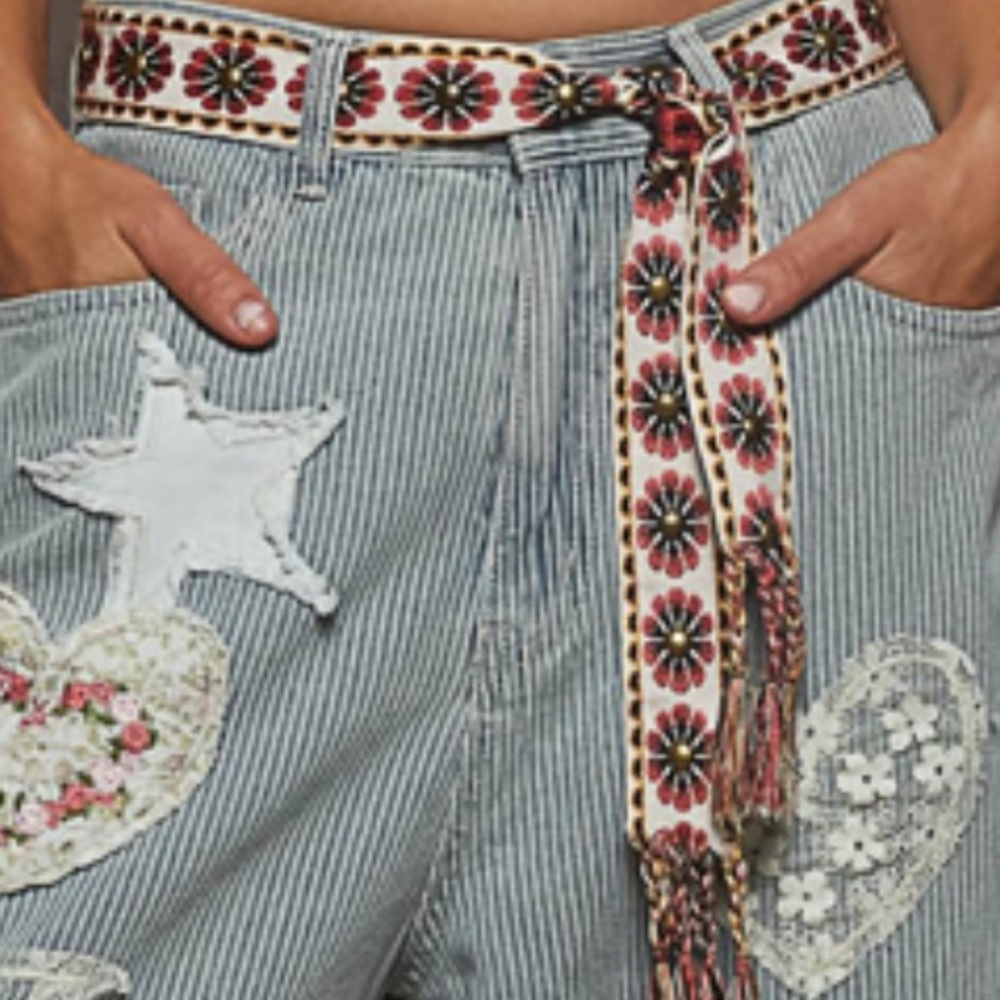 POL Floral Embroidered Belt - Pink and Crème 54 inches